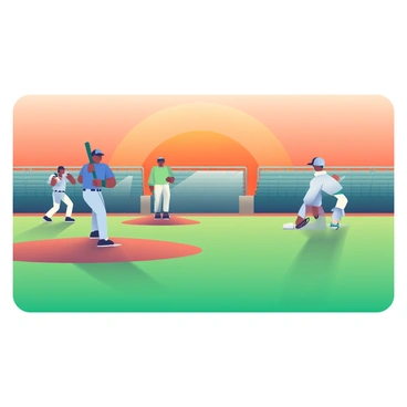 A baseball field is set against a vibrant orange sky during sunset. Silhouetted against the sky are several players in various poses; one player is swinging a bat, while another is crouched in a ready position. The pitcher stands on the mound, visible in profile. The lush green grass of the field contrasts with the warm hues of the sky. The bases are clearly marked, and the bleachers in the background are empty, casting long shadows across the field.