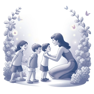 A group of young children stands in an enchanting garden filled with various flowers and greenery. The children, with expressions of joy and excitement, are approaching a Disney princess. The princess, dressed in a detailed gown, is kneeling down to embrace the children. Sunlight filters through the leaves, casting soft shadows on the ground. The garden is adorned with whimsical decorations, such as colorful butterflies and twinkling lights in the background. The scene captures a moment of pure happiness and wonder.