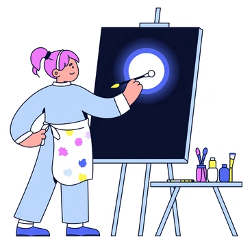 An artist is standing in front of a large canvas, which is predominantly painted in deep shades of black and blue to represent the sky during a solar eclipse. They are using a wide brush to create a bright, circular area in the center of the canvas, capturing the image of the sun partially covered by the moon. The artist is wearing a white apron splattered with various colors of paint, and their hair is tied back. The canvas is situated on an easel against a plain background. An array of paint tubes and brushes can be seen on a nearby table.