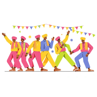 A lively group of people performing "Bhangra" dance. They are dressed in colorful traditional attire, featuring bright turbans and vibrant shawls. The dancers showcase energetic movements with their arms raised and feet stomping rhythmically. Each individual has distinct patterns and colors on their clothing, ranging from deep reds and yellows to electric blues and greens. The backdrop features a festive atmosphere with decorations and banners that complement the lively scene, enhancing the joyful spirit of the dance.