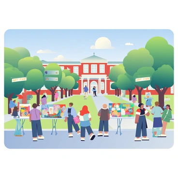 A wide view of a university campus in Philadelphia during an art fair. In the foreground, several students are standing beside display tables filled with colorful illustrations. Each student has a unique style, showcasing their artwork, which includes vibrant paintings and intricate sketches. Some are engaged in conversations with visitors, while others are focused on explaining their pieces. The campus features classic brick buildings and green lawns under a clear blue sky. Tall trees are scattered throughout the area, providing shade for attendees walking around the fair. Banners are hung around, displaying the words "Art Fair" in large, bold letters.