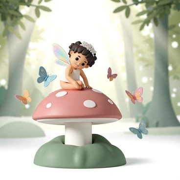 A tiny fairy, with delicate translucent wings shimmering in a rainbow of colors, is sitting on a large red mushroom with white spots. She is wearing a sparkling tiara made of small gems that catch the light. Surrounding her are several colorful butterflies, each with intricate patterns on their wings, fluttering gently in the air. The forest floor is covered in soft green moss, and gentle sunlight filters through the leaves above, creating a magical atmosphere.