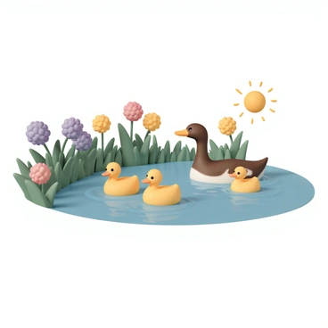 A family of ducks, consisting of a mother duck with brown feathers and several fluffy yellow ducklings, is swimming in a small farm pond. The pond's surface is dotted with gentle ripples as the ducks paddle along. Surrounding the pond are vibrant wildflowers in various colors, such as purple, yellow, and red, with lush green grass peeking through. The sun is shining brightly, casting soft reflections on the water, enhancing the lively atmosphere of the scene.