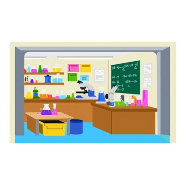 A garage converted into a scientist's lab with various test tubes filled with colorful liquids arranged on a wooden workbench. There is an assortment of scientific equipment, including a microscope, beakers, and a Bunsen burner, all neatly organized on the shelves. The walls are lined with posters of chemical equations and diagrams. In the corner, there is a chalkboard covered in notes and formulas. A bright overhead light illuminates the workspace, creating a lively atmosphere filled with curiosity and exploration.