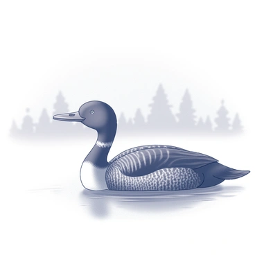 A loon appearing through a thick morning mist over the water