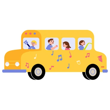 A yellow school bus with a rounded shape is decorated with colorful musical notes painted along the sides. Various musical instruments, including a blue guitar, a red trumpet, and a green saxophone, are illustrated around the bus. The windows of the bus are large and rounded, showing the silhouettes of happy children inside. The wheels are black and shiny, and the bus has a cheerful expression on the front, with headlights resembling eyes.