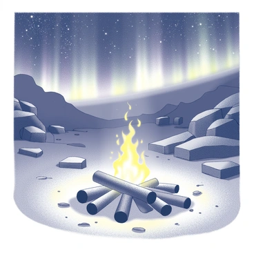 A campfire burning brightly in a snowy landscape. The flames flicker and cast light on the surrounding ice and snow. Above, the "northern lights" shimmer and dance across the night sky, displaying vibrant patterns. The icy terrain features rugged ice formations and scattered patches of snow. Silhouetted in the foreground are a few logs arranged around the fire, providing a cozy gathering spot in the cold environment.