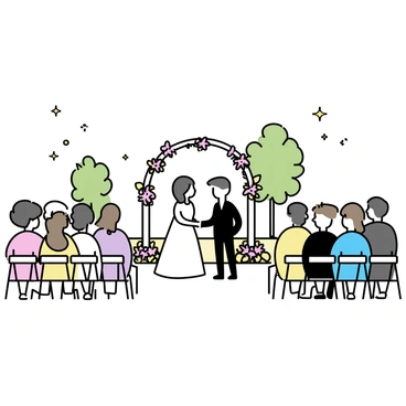 A wedding ceremony taking place in a park in Charleston. A white altar decorated with flowers is set up on a grassy area, surrounded by various colorful blooms. Guests are seated on white chairs arranged in rows facing the altar. A bride in a flowing white gown stands beside a groom in a dark suit. Elegant floral arrangements are visible to either side of the altar, and trees provide natural shade in the background.