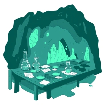 A teal hidden cave laboratory is filled with glowing crystals of varying sizes embedded in the rocky walls. The crystals emit a soft, warm light that illuminates the space. In the center of the cave, there are several glass retorts, each bubbling with bright liquid. The retorts are positioned on a sturdy wooden table, covered with various alchemical tools and scattered parchment filled with notes. The air is filled with a faint mist, and the reflections of the crystal light dance across the cave surfaces.