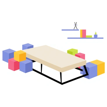 A set of modular furniture pieces displayed in a bright, well-lit room. The collection includes a large rectangular coffee table with a smooth surface, several square ottomans in varying colors, and a few sleek shelves. Each piece has clean lines and a minimalist design. The ottomans are stacked in a playful arrangement around the coffee table, while the shelves are mounted on the wall, showcasing decorative items. The furniture pieces can be seen in a variety of configurations, providing versatility in the space.