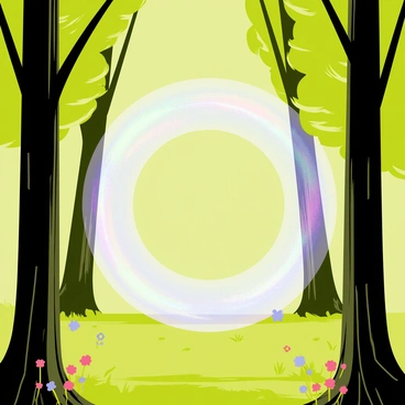 A forest clearing surrounded by tall, green trees with thick trunks and vibrant leaves. In the center of the clearing, there is a "mystical portal" that appears as a large, circular frame, radiating "iridescent light" in shades of blue, purple, and green. The ground around the portal is covered with "soft grass" and small, colorful flowers. The atmosphere is filled with a sense of wonder as the light from the portal casts interesting shadows and illuminates the surrounding area.