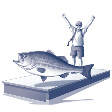 A large-mouth bass is positioned prominently on the edge of a fishing dock. The fish has a wide mouth and distinctive markings on its body. In the background, an angler is celebrating their catch, raising both arms in triumph. The angler has a wide smile and wears a fishing hat, with fishing gear visible around them. The scene captures a sense of accomplishment and joy in the outdoor setting.