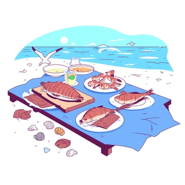A laid-back beachside lunch table is set up on the sand, with a blue tablecloth draping over the wooden table. On the table, there are several plates filled with an assortment of seafood, including grilled shrimp, a whole fish, and a bowl of clam chowder. Scattered around the table are various seashells in different shapes and sizes. In the background, the ocean's waves gently lap against the shore, and a few seagulls can be seen flying in the distance. The sun casts a warm glow over the scene, enhancing the relaxed atmosphere of the beachside lunch.
