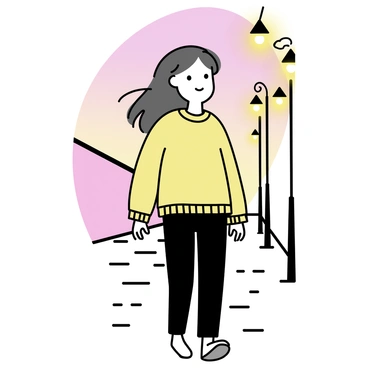 A person, identified as an INFP, is walking down a cobblestone street. The individual has long, flowing hair and is wearing a cozy, oversized sweater paired with dark jeans. Softly glowing lanterns line the sides of the street, casting a warm yellow light. The sky is transitioning into dusk, with subtle shades of orange and purple. The cobblestones beneath their feet are slightly wet, reflecting the lantern light. The person appears contemplative, gazing up at the lanterns as they walk.