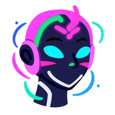 A futuristic face design with bright glowing neon colors including pink, blue, and green. The face features intricate geometric patterns that seem to pulse with light. The eyes are large and almond-shaped, illuminated with a vibrant electric blue glow. The skin has a sleek metallic sheen that reflects the neon colors around it. Surrounding the face are soft, swirling lights that enhance the dynamic and tech-inspired look.