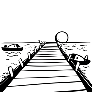 A long pier extending into the sea, with wooden planks leading towards the horizon. The pier is lined with silhouettes of seagulls perched along the edges. In the background, a large sun is setting over the water, casting rays and shadows across the scene. The surface of the sea reflects the light from the sunset, creating a blend of contrasting tones and textures along the water's surface. A few small boats are anchored nearby, gently bobbing with the waves.