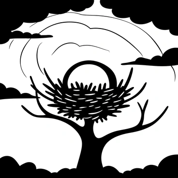 A nest made of twigs and leaves perched on a branch, with the outline of the nest clearly defined. The background features a vast sky filled with swirling patterns of clouds. The clouds exhibit a gradient transitioning from deep black to hints of white, suggesting a contrast to the nest. The sun is setting, creating a dramatic atmosphere with the light casting shadows around the nest.