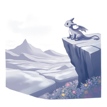 A Pokémon, resembling a small dragon-like creature, is perched on a rugged rocky cliff. Its body is in a dynamic pose, with wings slightly open as if ready to take flight. Below the cliff, a vast landscape stretches out, featuring rolling hills and valleys. The terrain is dotted with lush greenery and vibrant flowers. In the distance, there are mountains with jagged peaks. The sky is filled with clouds, creating a sense of depth and vastness in the scene. The Pokémon looks intently over the landscape, capturing the essence of exploration and adventure.