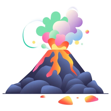 A large volcano is in the center of the image, spewing lava and ash into the sky. The lava is bright orange and red, flowing down the sides of the dark, rocky volcano. Surrounding the eruption, vibrant colors like purple, green, and blue are swirling in the air, representing the chemical reaction. The ash cloud above the volcano is mixed with these colors, creating a dramatic and dynamic scene. In the foreground, molten rocks are scattered around, glowing with the heat of the eruption.