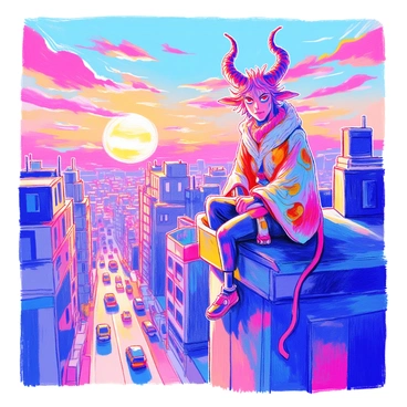 Sukuna is perched on a rooftop, displaying his four eyes and two sets of horns. He has a confident posture, with one knee resting on the edge of the building. Below him, the bustling city is filled with tall skyscrapers and busy streets, with small cars moving along the roads. The sky is painted in vibrant hues of orange, pink, and purple as the sun sets in the background. A gentle breeze ruffles his attire, revealing the intricate patterns on his clothing. The scene captures both his imposing figure and the lively urban environment beneath him.