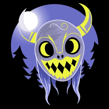 A "hannya mask" with intricate details, featuring sharp horns and a contorted expression. The mask emits an "eerie glow" under the light of a "full moon," casting soft shadows around it. The background includes dark silhouettes of trees, adding contrast to the illuminated mask. The moon shines brightly in the sky, enhancing the mask's features and creating a mysterious atmosphere.