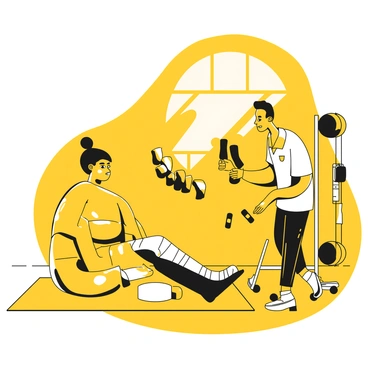 A person with a bandaged leg sitting on a therapy mat in a room filled with rehabilitation equipment. The individual is wearing a yellow shirt and has a determined expression on their face. A physical therapist, wearing a yellow polo shirt, is assisting the person by guiding their movements. Various therapy tools, such as exercise bands and weights, are arranged around them. A large window allows light to illuminate the space, enhancing the focus on their rehabilitation journey.