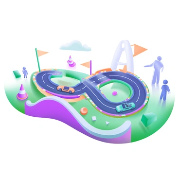 A tabletop race track featuring miniature cars made from paper clips. The paper clip cars are shaped into sleek designs, glinting under the light. The track is outlined with colorful markers, and small flags indicate checkpoints along the way. Surrounding the track are scattered bits of paper and miniature cones, adding to the racing theme. Several spectators, represented as small paper figures, are cheering on the racers, creating a lively atmosphere.