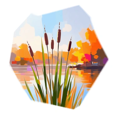 A landscape featuring tall cattails swaying gently in a crisp autumn breeze. The cattails are prominent in the foreground, showcasing their brown, fluffy heads and slender green stalks. The background displays a variety of autumn foliage, with orange, yellow, and red leaves on trees that catch the light of the soft afternoon sun. A clear blue sky stretches above, adding contrast to the warm colors of the season. The scene conveys a sense of tranquility and the change of seasons.