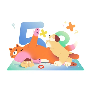 A fluffy orange tabby cat and a playful golden retriever puppy are sprawled on a soft, pastel-colored mat. The cat is batting at a large, vibrant blue number "5" while the puppy is wagging its tail, trying to reach a bright yellow plus sign. Scattered around them are various colorful numbers and arithmetic symbols, including a green number "8" and a red minus sign. The scene is filled with a gentle, soft glow, enhancing the playful atmosphere of the animals engaging with the numbers and symbols. The cat appears curious while the puppy looks eager, creating a lively interaction between them.