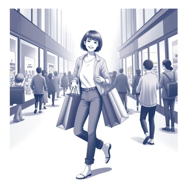 A young woman with short hair is holding several shopping bags in both hands. She is walking down a bustling street filled with many people. The street is lined with shops, each with large display windows showcasing various products. The woman's attire includes a casual outfit, and she has a smile on her face as she enjoys her shopping experience. People around her are engaged in their own activities, some looking at goods in store windows or talking to friends. The atmosphere is lively and filled with the details of a busy urban environment.