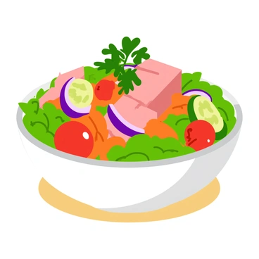 A vibrant bowl of tuna salad filled with chunks of light pink tuna. The salad is topped with a variety of fresh vegetables including bright green lettuce leaves, crisp red cherry tomatoes cut in half, and slices of crunchy cucumber with a rich green color. Shredded orange carrots and thinly sliced purple red onion add a pop of color. The bowl is a shiny white ceramic, and the salad is garnished with sprigs of fresh parsley on top. The setting features a light wooden table surface beneath the bowl.