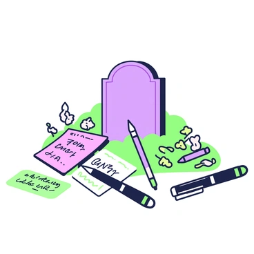 A grave marked by a simple, elegant headstone is surrounded by a small collection of stone flowers. In front of the headstone, a few fans are kneeling, placing colorful notes and pens as tributes. Each note has heartfelt messages written on them, some with drawings and doodles. A couple of pens, varying in size and design, rest next to the notes, their caps off, ready for more tributes. The scene is quiet and respectful, emphasizing the connection between the poet and their admirers.