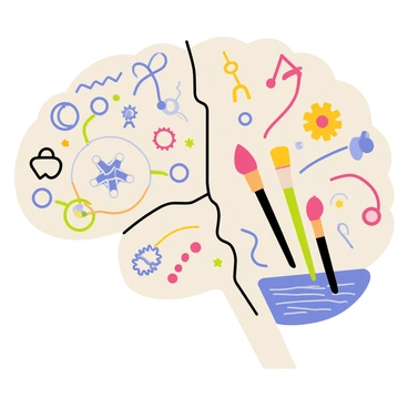 A human brain split into two, with one half filled with scientific symbols and the other with artistic elements