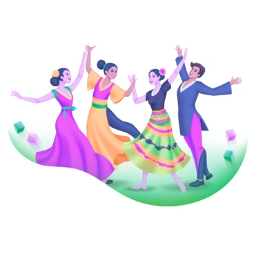 A vibrant scene with a group of dancers in traditional costumes representing various cultures. Each dancer wears distinct, colorful attire that reflects their cultural heritage, including a flowing kimono, intricate Indian sari, and a patterned African dress. The dancers are positioned in a dynamic formation, showcasing their unique dance poses. The background is a subtle blend of soft pastels that complement the bright colors of the costumes, enhancing the lively atmosphere of the performance. The dancers express joy through their movements as they come together in harmony.