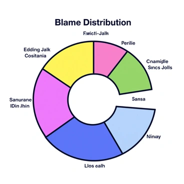 A pie chart with vibrant colors, divided into several segments. Each segment represents a different person and is labeled with their respective names. The chart is titled "Blame Distribution" at the top. The segments vary in size, showcasing the proportion of blame allocated to each individual. The background of the chart is white, allowing the colors to stand out prominently.
