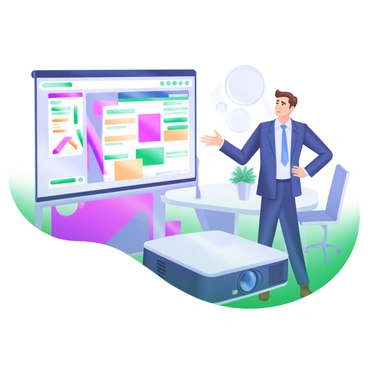 A modern pastel illustration depicting a person in business attire standing confidently beside a projector. The projector displays a vibrant and flashy presentation on a screen, featuring colorful graphs and engaging visuals. The person gestures towards the screen, emphasizing key points with enthusiasm. Brightly colored charts and bullet points are visible, surrounded by a well-lit conference room atmosphere with a table and a few chairs in the background.
