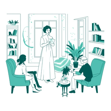 A white parlor filled with soft sunlight streaming through large windows. Emily Dickinson, wearing a long flowing dress, stands at the center, passionately reciting her poetry. She has dark hair styled in a bun and holds a small piece of paper in her hands. In front of her, a small, attentive group of individuals sits on plush teal chairs, their expressions reflecting deep interest. The walls of the parlor are decorated with vintage bookshelves filled with books and plants, creating an inviting atmosphere. A small table nearby holds a vase of fresh flowers, adding a touch of color to the setting.