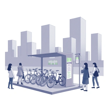 A bike-sharing station is positioned prominently in a bustling urban area. The station features several bicycles with distinct designs lined up neatly on racks. Surrounding the station are pedestrians engaging in various activities, including walking and chatting. Tall buildings loom in the background, showcasing the city's architecture. Signs indicating bike rental options and hours of operation are visible. The scene is vibrant, depicting a sense of activity and encouraging sustainable transport.