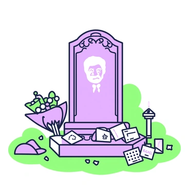 A gravestone is set in a peaceful cemetery. The stone is tall and rectangular, with intricate carvings along the edges. Surrounding the base of the gravestone are various tributes from admirers. There are bouquets of flowers placed at the foot, along with small candles and personal notes. Some notes are folded neatly while others are handwritten and resting against the stone. A portrait of the notable figure is engraved on the gravestone, capturing their likeness. The overall scene conveys a sense of respect and remembrance.