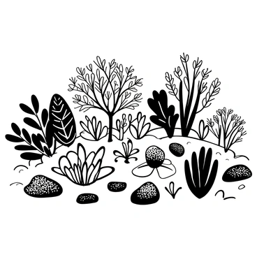 A detailed landscape featuring various types of fynbos vegetation. There are clusters of diverse shrubs of different shapes and sizes, showcasing their unique leaf structures. Among the shrubs, several bulbous plants with distinct forms are scattered throughout the scene. The ground is textured with rocky and sandy elements typical of the fynbos ecosystem. Some of the plants appear taller, while others are more compact, creating a rich, layered composition. The illustration captures the essence of this unique environment with careful attention to the arrangement and characteristics of each plant type.
