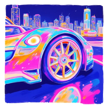 A car wheel is prominently displayed, glowing with vibrant neon colors. The wheel features intricate designs with bright blue, pink, and green hues radiating from it. In the background, a bustling cityscape is visible, filled with tall buildings adorned with colorful lights and neon signs. The night sky is dark, enhancing the brilliance of the neon colors. Reflections of the city lights shimmer on the surface of the wheel, creating a dynamic and lively atmosphere.