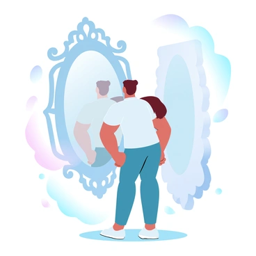 A person is standing in front of a large, ornate mirror. The mirror's surface appears distorted, creating an abstract reflection that is shadowy and unclear. The person is dressed in casual clothing, with their stance suggesting uncertainty. The room around them has soft gradient pastel colors, enhancing the atmosphere. Subtle textures in the background add depth, while the overall image conveys themes of self-doubt and introspection.