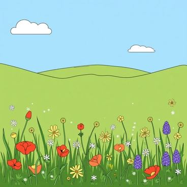An expansive meadow stretches out under a bright blue sky. The ground is covered with a variety of wildflowers in vibrant hues, including red poppies, yellow daisies, purple lupines, and white clovers, all swaying gently in the breeze. The flowers are interspersed with lush green grass that adds to the meadow's lively appearance. A few fluffy white clouds drift overhead, casting soft shadows on the flowers below. In the distance, a line of gentle hills is visible, adding depth to the scene.