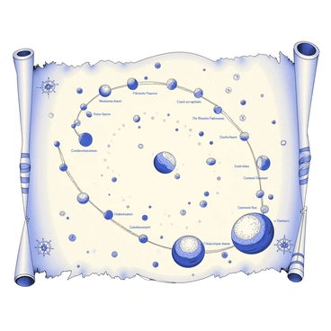 An old chart made of parchment, depicting the asteroid belt with a vintage design. The chart displays numerous asteroids of varying sizes scattered across the belt, with intricate details showcasing their shapes and contours. Each asteroid is labeled with annotations that include names and sizes, written in a calligraphic font. Additionally, there are compass roses and scale indicators at the corners, enhancing the navigational theme of the chart. The edges of the parchment are slightly frayed, adding to the aged appearance of the piece.