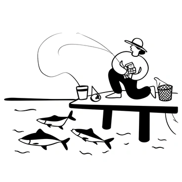 A fisherman wearing a wide-brimmed hat is kneeling on the edge of a wooden dock, meticulously arranging his fishing gear. He has a fishing rod, a small tackle box, and a net beside him. Below the surface of the water, several tarpons are swimming gracefully, their sleek bodies visible through the clear water. The dock is adorned with a few scattered fishing lures and a bucket. In the background, gentle ripples disturb the water's surface. The scene conveys a sense of anticipation for the day ahead.