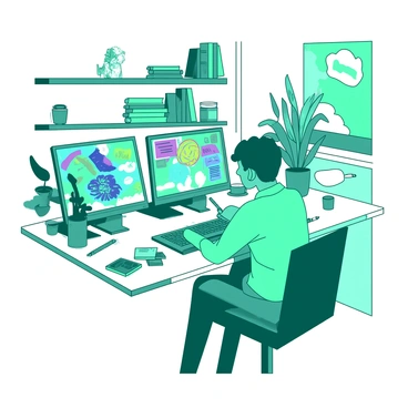 A teal digital artist is seated at a white desk cluttered with various art supplies and tools. In front of the artist, there are three screens, each displaying vibrant graphics and intricate designs in a stunning array of colors. The screens are angled slightly towards the artist, creating a dynamic workspace. The artist is focused, with one hand holding a stylus and the other resting on the desk. The background includes a shelf filled with art books and plants, adding to the creative atmosphere.