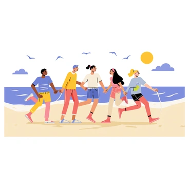 A group of five friends is jumping rope together on a sandy beach. The friends are diverse in appearance, showcasing different hairstyles and clothing styles. The ocean waves are crashing onto the shore in the background, creating a dynamic scene. Above them, several seagulls are flying in the blue sky, adding to the lively atmosphere of the beach. The sun is shining brightly, casting shadows on the sand where the friends are jumping.