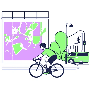 A cyclist is riding along a city street, passing by a large mural painted on the side of a building. The mural features dynamic shapes and abstract forms that capture attention. The cyclist is wearing a helmet and a bright jersey while gripping the handlebars of a sleek bike. The wheels of the bike are in motion, creating a sense of speed. The building is tall and has windows reflecting the surroundings. Various urban elements, such as streetlights and parked cars, can be seen in the background.