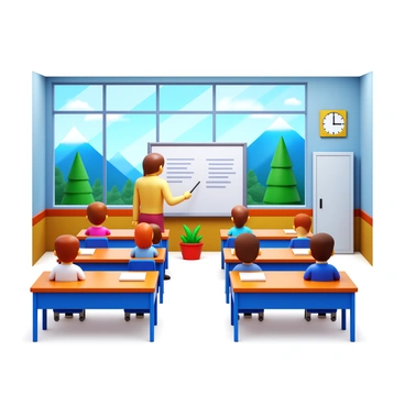 A classroom with large windows revealing a scenic view of mountains and trees outside. Desks are arranged in neat rows facing the front where a teacher stands. The teacher is pointing at a whiteboard filled with notes. Sunlight streams through the windows, casting soft shadows on the floor. Students are seated at their desks, some taking notes, and others looking attentively towards the teacher. A few potted plants are placed near the windows, adding a touch of greenery to the room. A clock hangs on the wall, indicating the time.