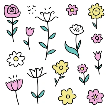 A collection of various flowers including roses, daisies, and lilies arranged in a repeating pattern. Each flower is intricately designed with distinct petals and leaves, showcasing their unique shapes and textures. The colors of the flowers range from vibrant reds and pinks to soft whites and yellows, creating a harmonious visual composition. The botanical motifs are interspersed with delicate green leaves, enhancing the natural feel of the arrangement. The overall pattern creates a seamless flow, emphasizing the beauty of each flower type throughout the design.
